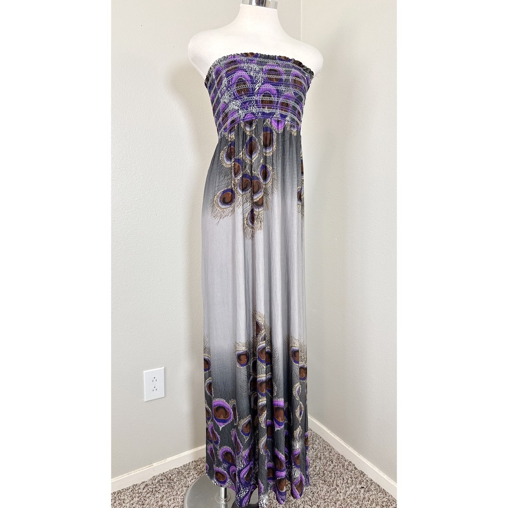 FOREVER 21 Y2K Strapless Maxi Dress S/P Peacock Feather Print Smocked Bodice